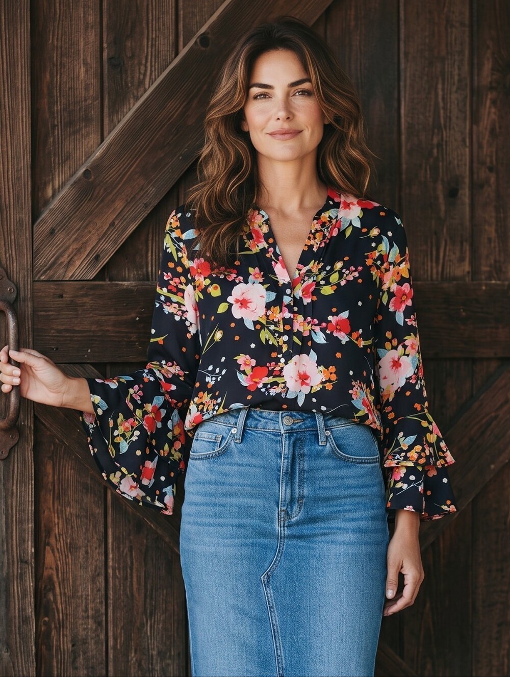 The Pioneer Woman Black Floral V-Neck Blouse with Pink & Coral Blooms